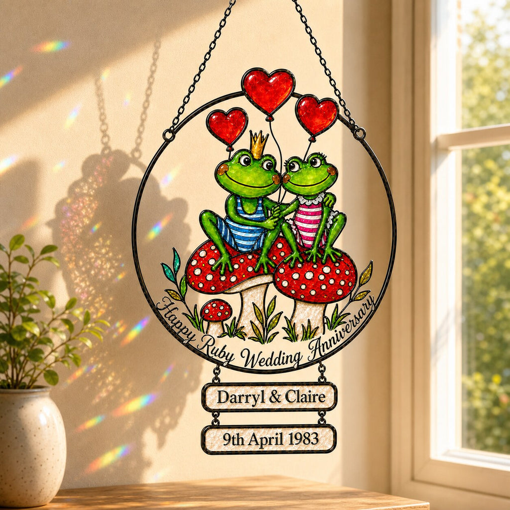 Personalized Ruby Wedding Anniversary Frog Couple Holographic Acrylic Suncatcher