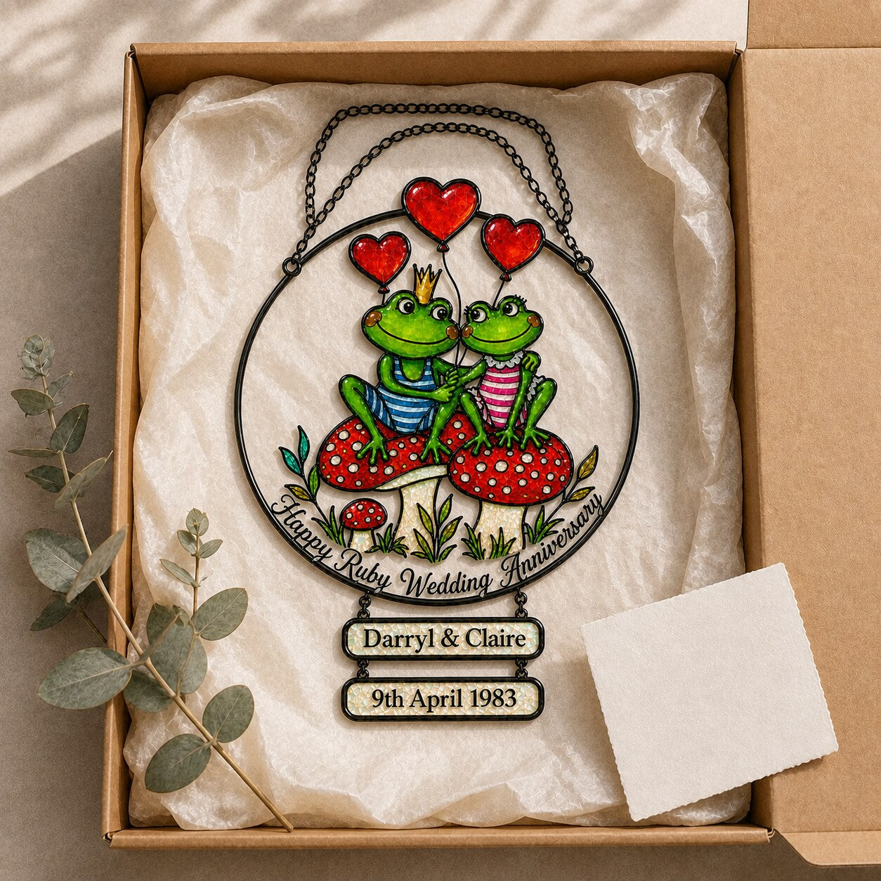 Personalized Ruby Wedding Anniversary Frog Couple Holographic Acrylic Suncatcher