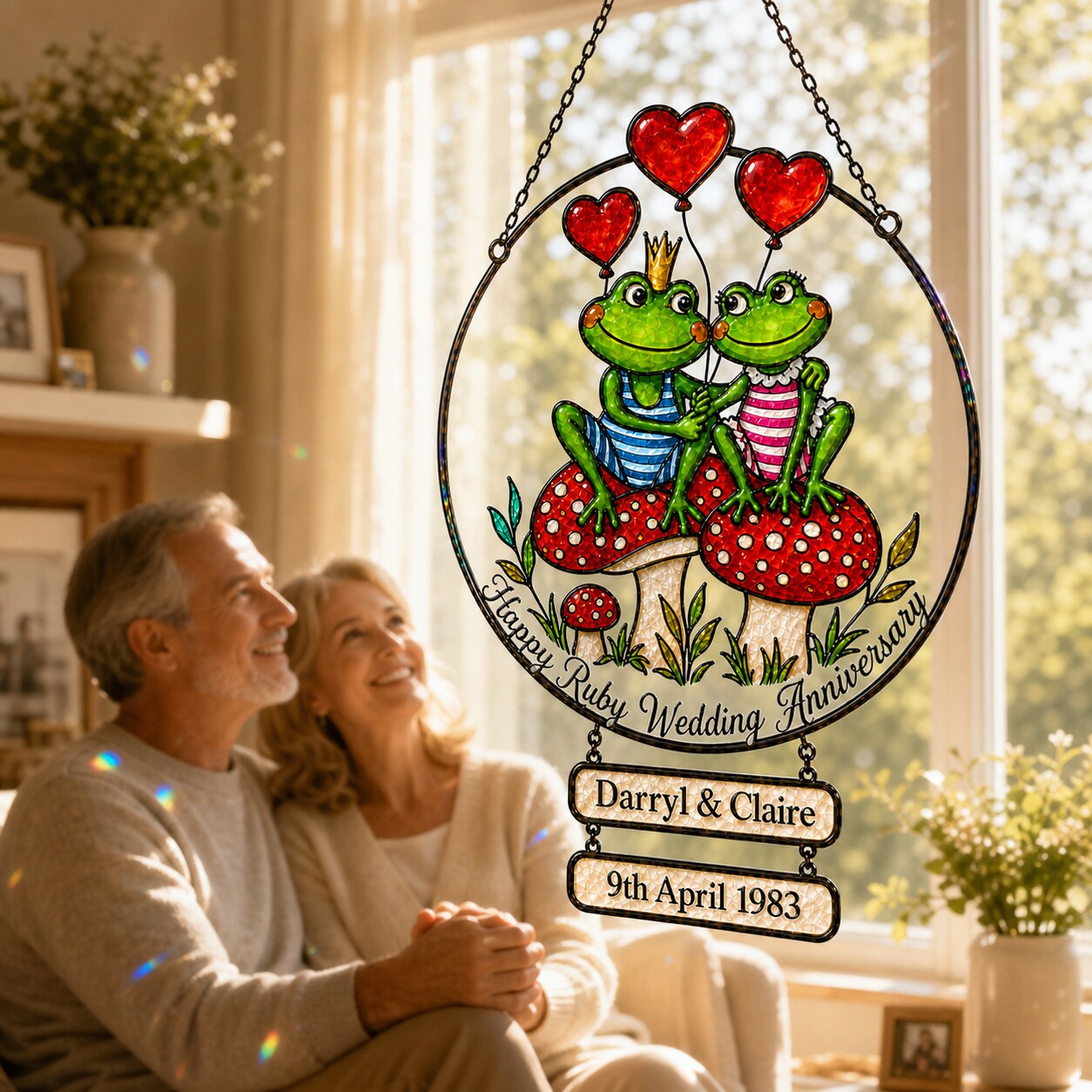 Personalized Ruby Wedding Anniversary Frog Couple Holographic Acrylic Suncatcher