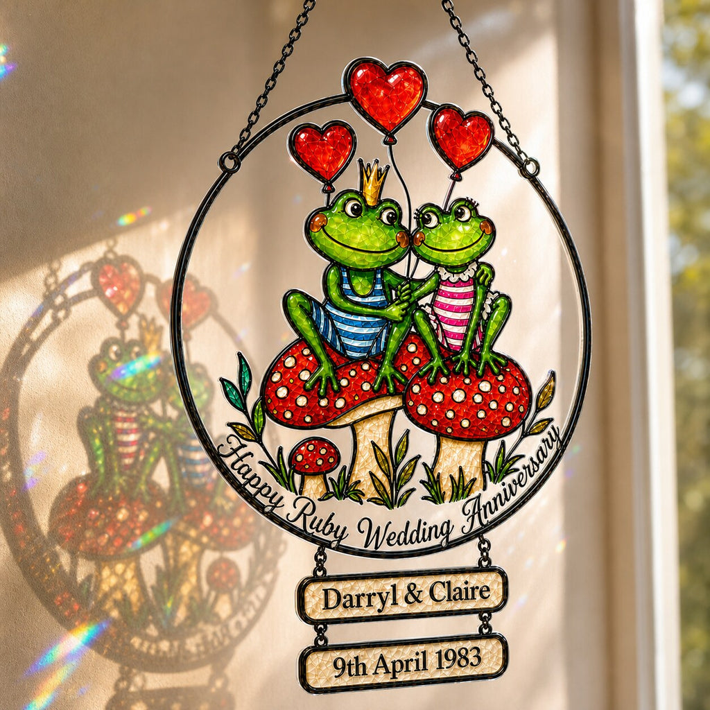 Personalized Ruby Wedding Anniversary Frog Couple Holographic Acrylic Suncatcher