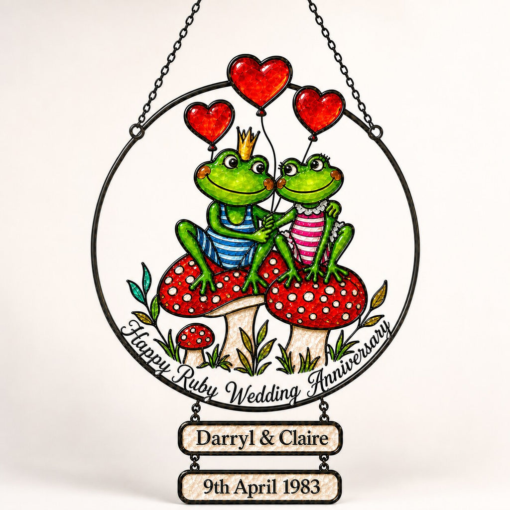 Personalized Ruby Wedding Anniversary Frog Couple Holographic Acrylic Suncatcher