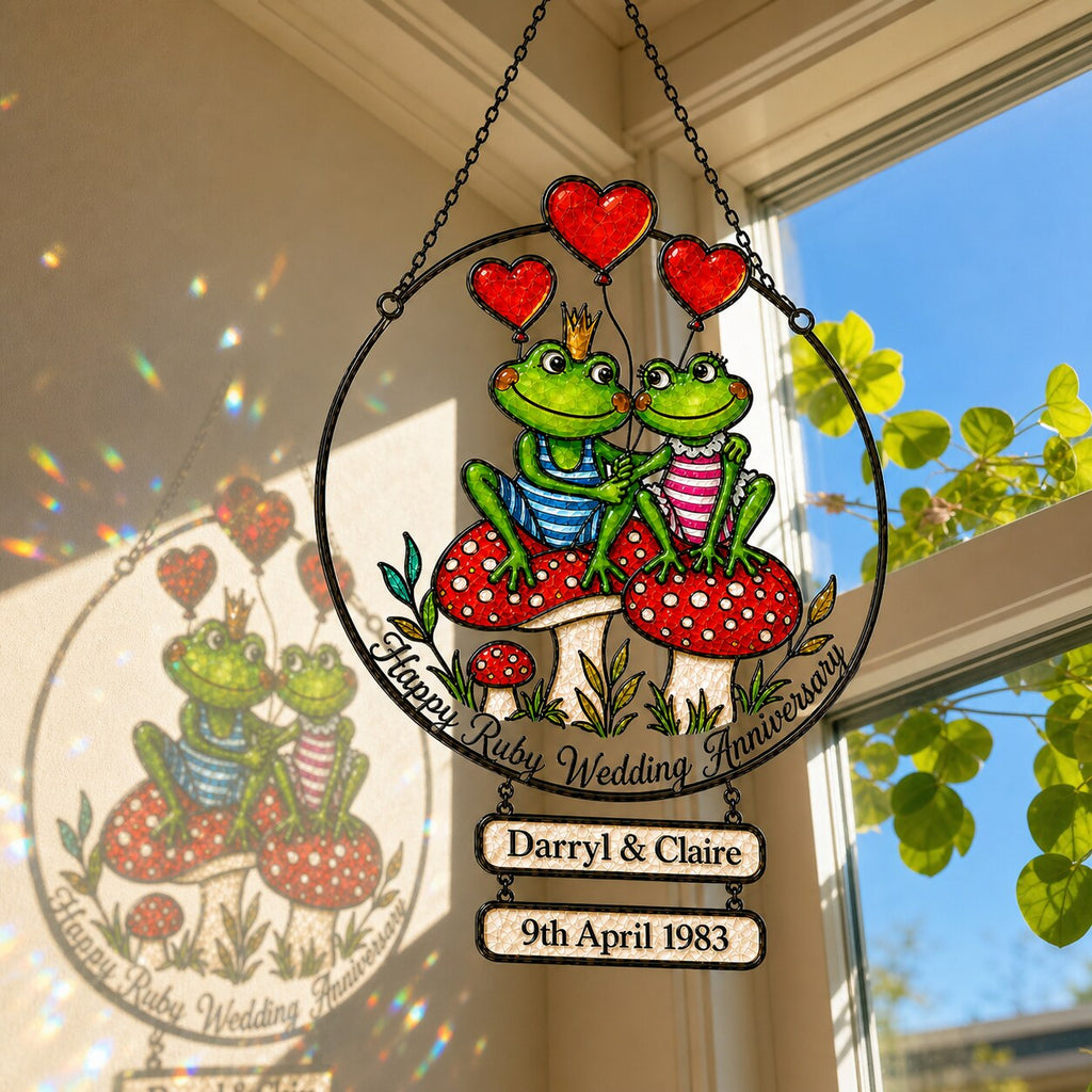 Personalized Ruby Wedding Anniversary Frog Couple Holographic Acrylic Suncatcher