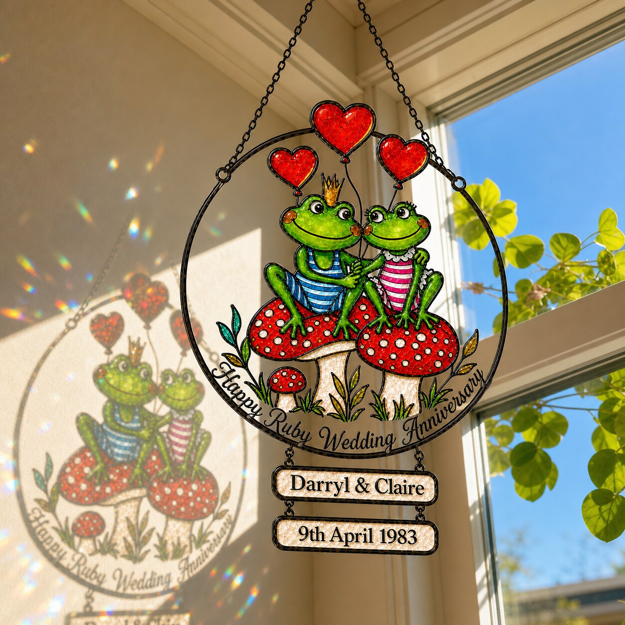 Personalized Ruby Wedding Anniversary Frog Couple Holographic Acrylic Suncatcher