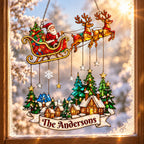 Personalized Santa Sleigh over Snowy Village Family Name Holographic Acrylic Suncatcher