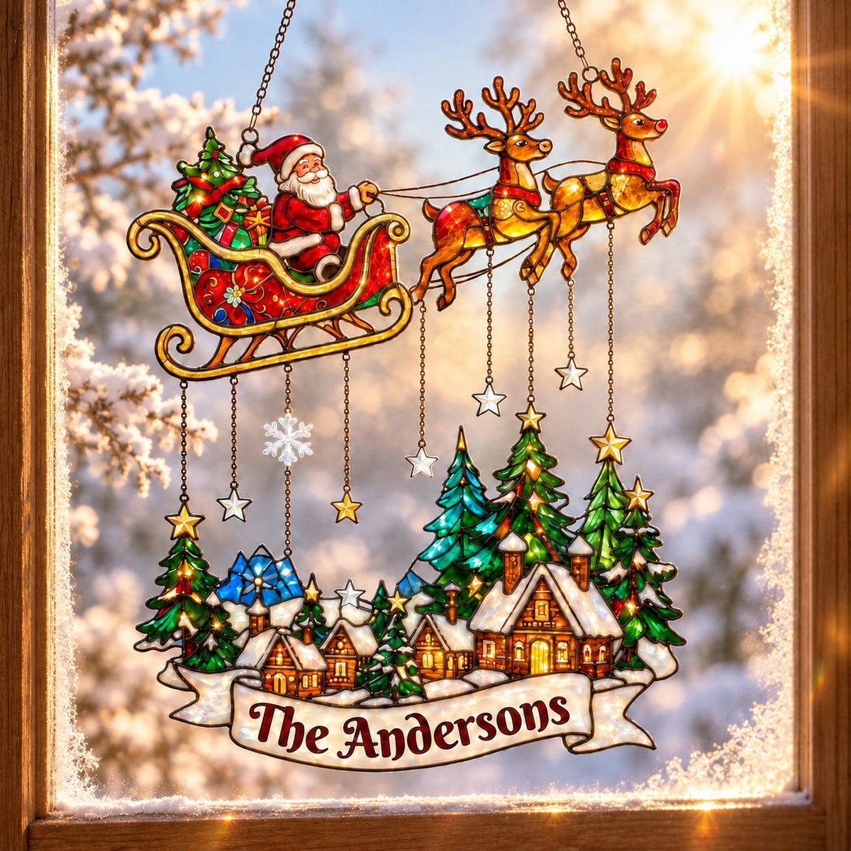 Personalized Santa Sleigh over Snowy Village Family Name Holographic Acrylic Suncatcher