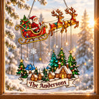 Personalized Santa Sleigh over Snowy Village Family Name Holographic Acrylic Suncatcher
