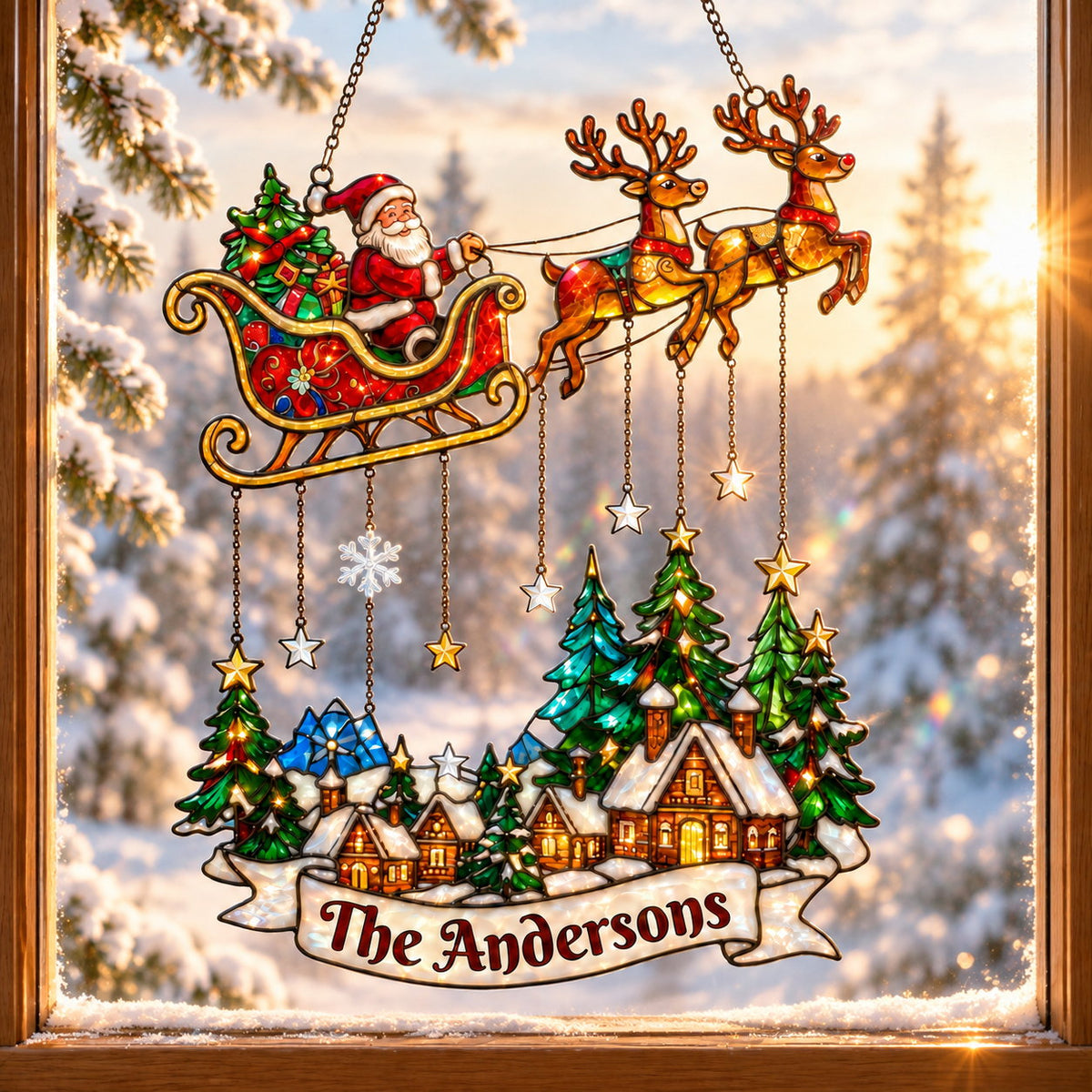 Personalized Santa Sleigh over Snowy Village Family Name Holographic Acrylic Suncatcher