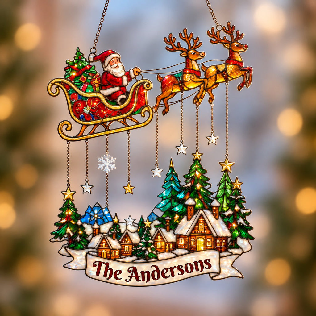 Personalized Santa Sleigh over Snowy Village Family Name Holographic Acrylic Suncatcher