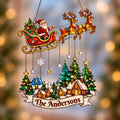 Personalized Santa Sleigh over Snowy Village Family Name Holographic Acrylic Suncatcher