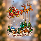 Personalized Santa Sleigh over Snowy Village Family Name Holographic Acrylic Suncatcher