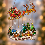 Personalized Santa Sleigh over Snowy Village Family Name Holographic Acrylic Suncatcher