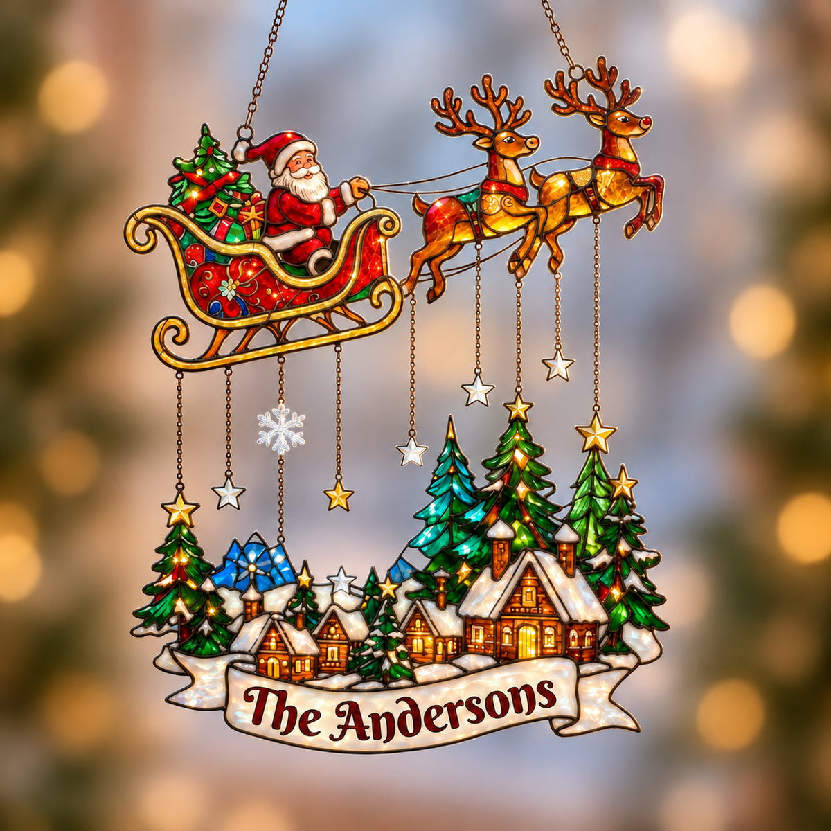 Personalized Santa Sleigh over Snowy Village Family Name Holographic Acrylic Suncatcher