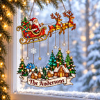 Personalized Santa Sleigh over Snowy Village Family Name Holographic Acrylic Suncatcher