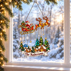 Personalized Santa Sleigh over Snowy Village Family Name Holographic Acrylic Suncatcher
