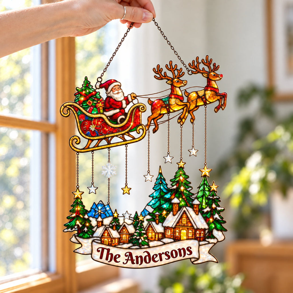 Personalized Santa Sleigh over Snowy Village Family Name Holographic Acrylic Suncatcher