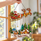 Personalized Santa Sleigh over Snowy Village Family Name Holographic Acrylic Suncatcher