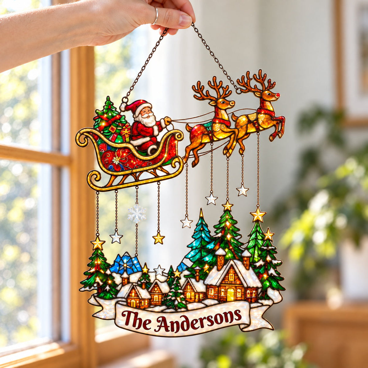 Personalized Santa Sleigh over Snowy Village Family Name Holographic Acrylic Suncatcher
