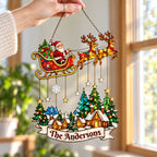 Personalized Santa Sleigh over Snowy Village Family Name Holographic Acrylic Suncatcher