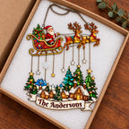 Personalized Santa Sleigh over Snowy Village Family Name Holographic Acrylic Suncatcher