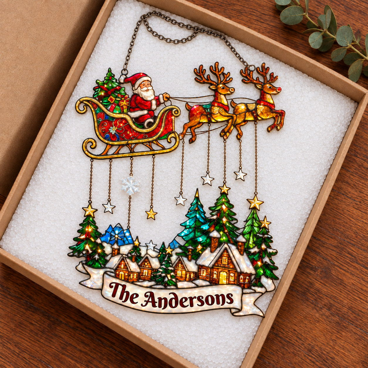 Personalized Santa Sleigh over Snowy Village Family Name Holographic Acrylic Suncatcher