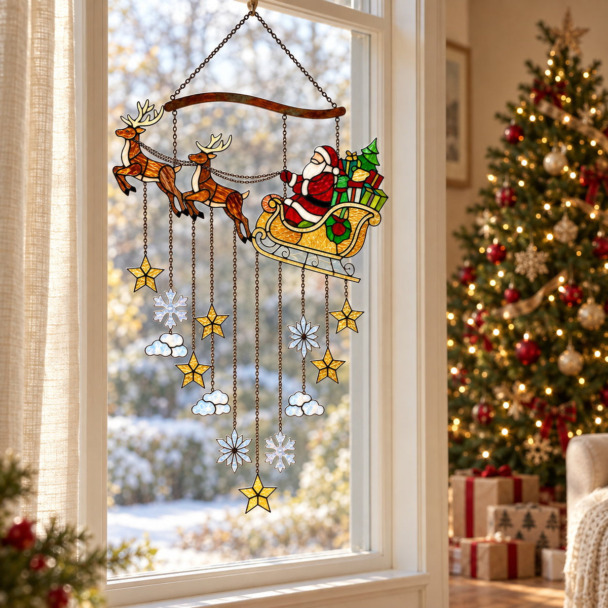 Personalized Santa Sleigh & Reindeer Family Name Holographic Acrylic Suncatcher