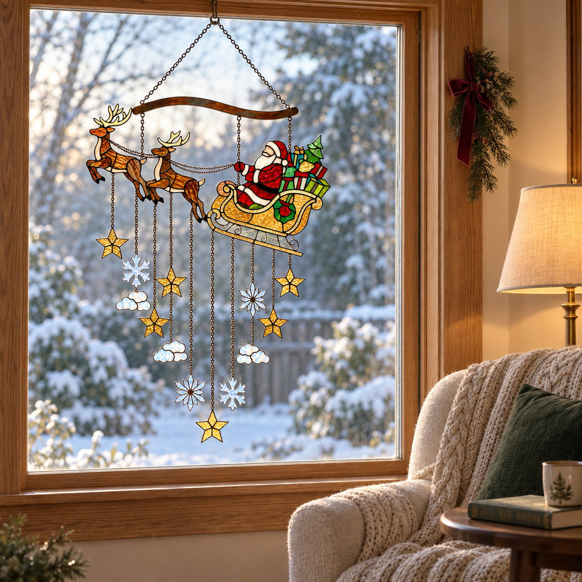 Personalized Santa Sleigh & Reindeer Family Name Holographic Acrylic Suncatcher