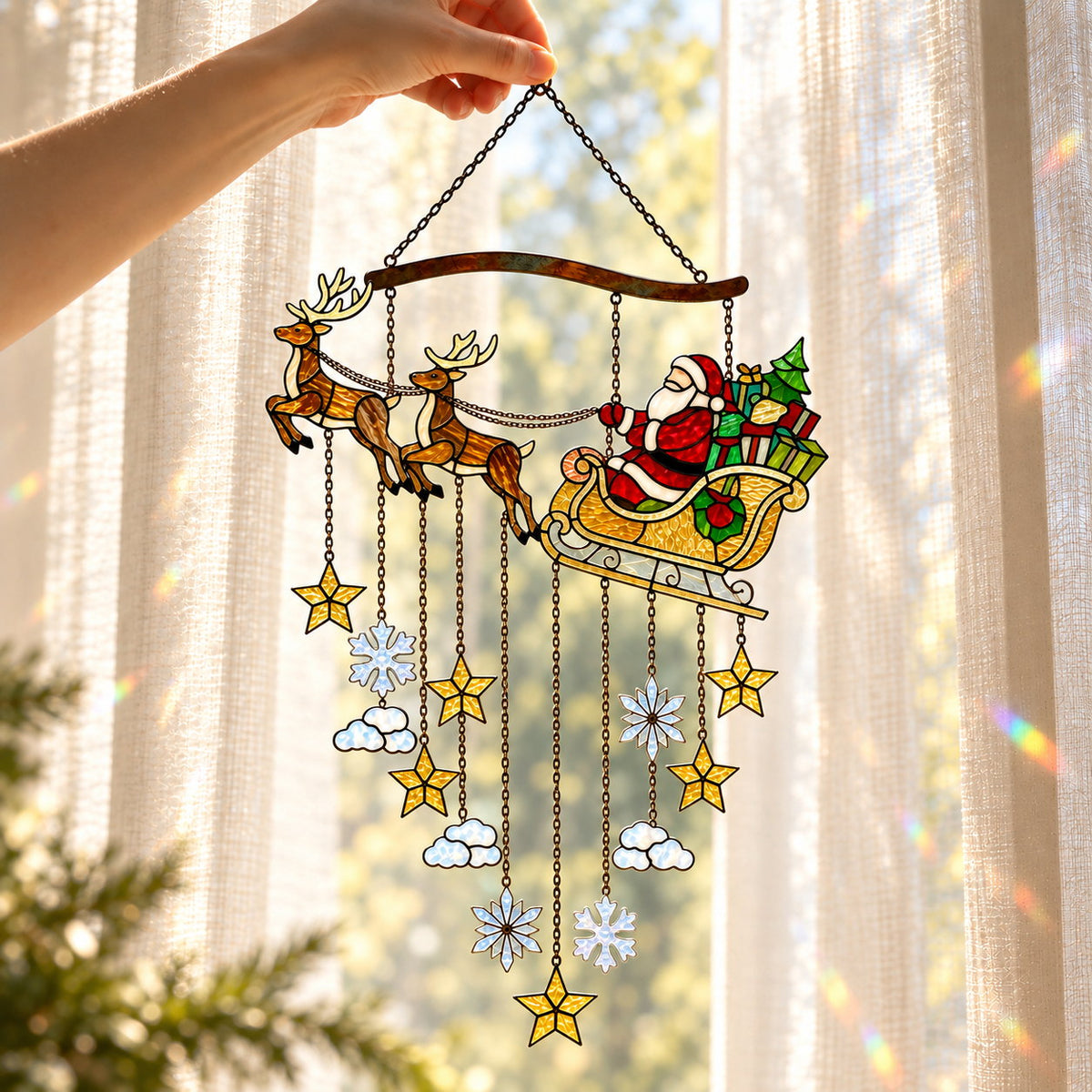 Personalized Santa Sleigh & Reindeer Family Name Holographic Acrylic Suncatcher