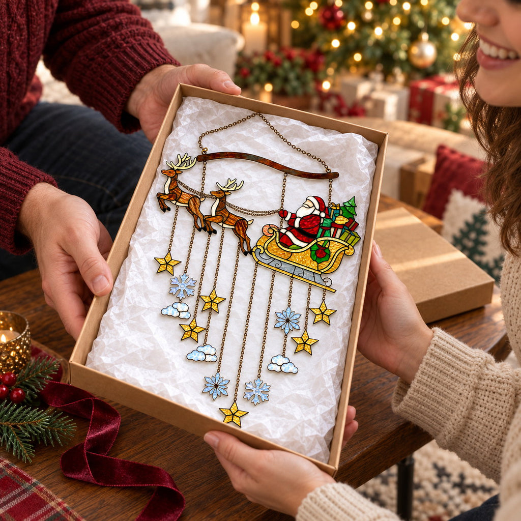 Personalized Santa Sleigh & Reindeer Family Name Holographic Acrylic Suncatcher