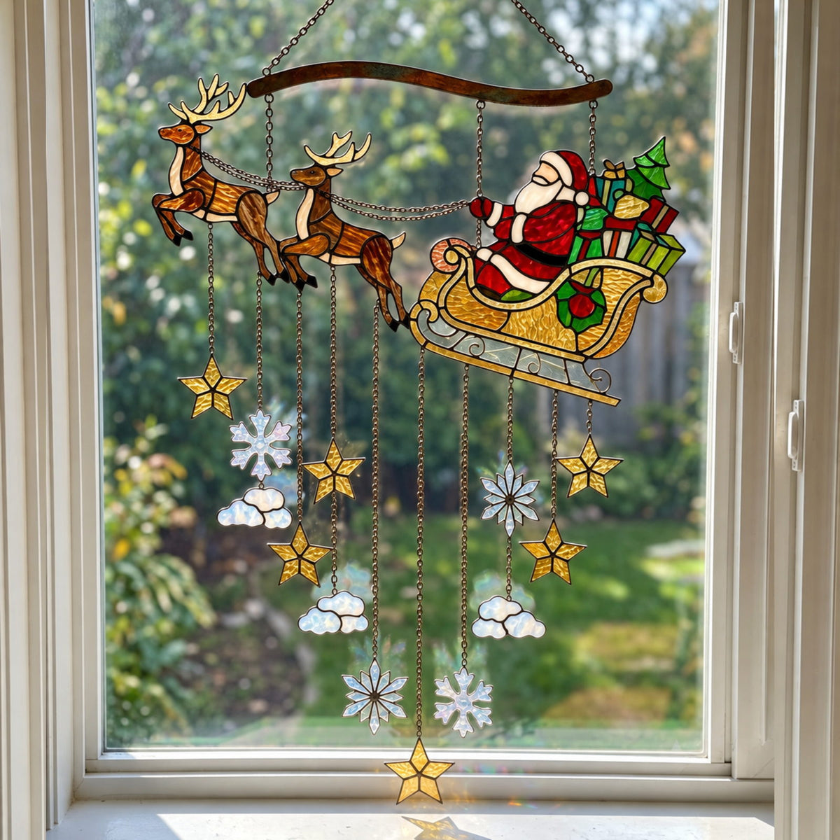 Personalized Santa Sleigh & Reindeer Family Name Holographic Acrylic Suncatcher