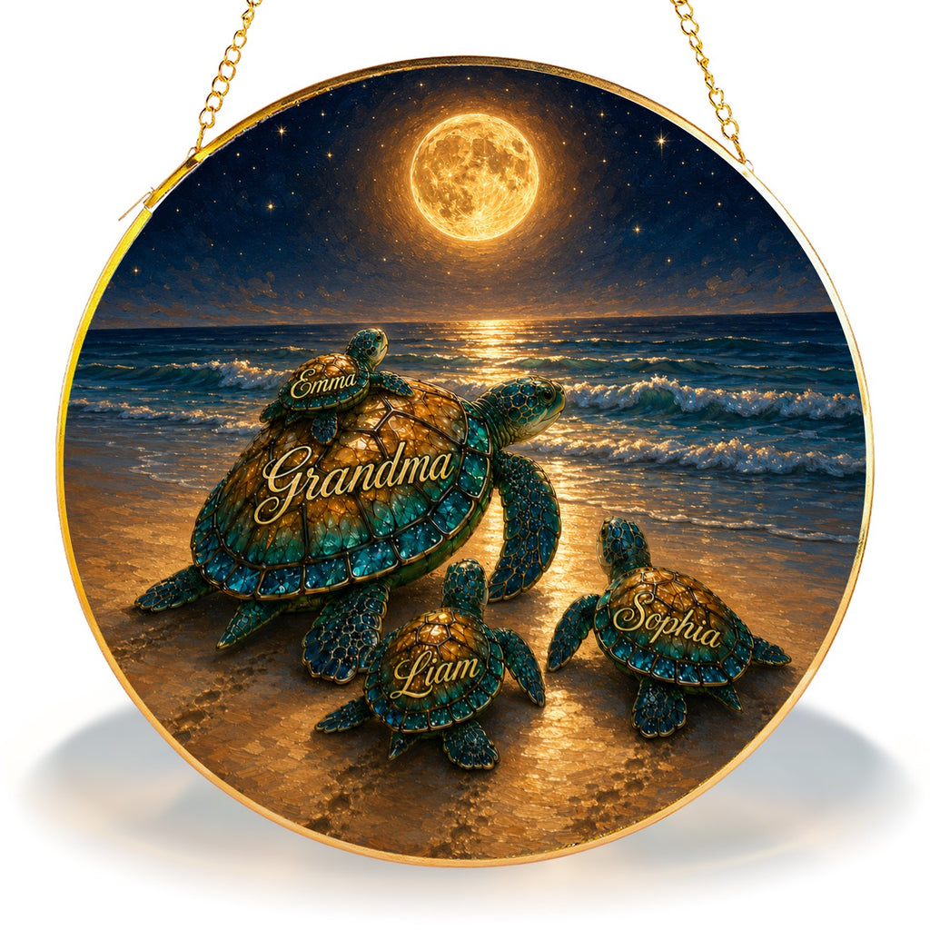 Personalized sea turtle family stained glass suncatcher with custom names