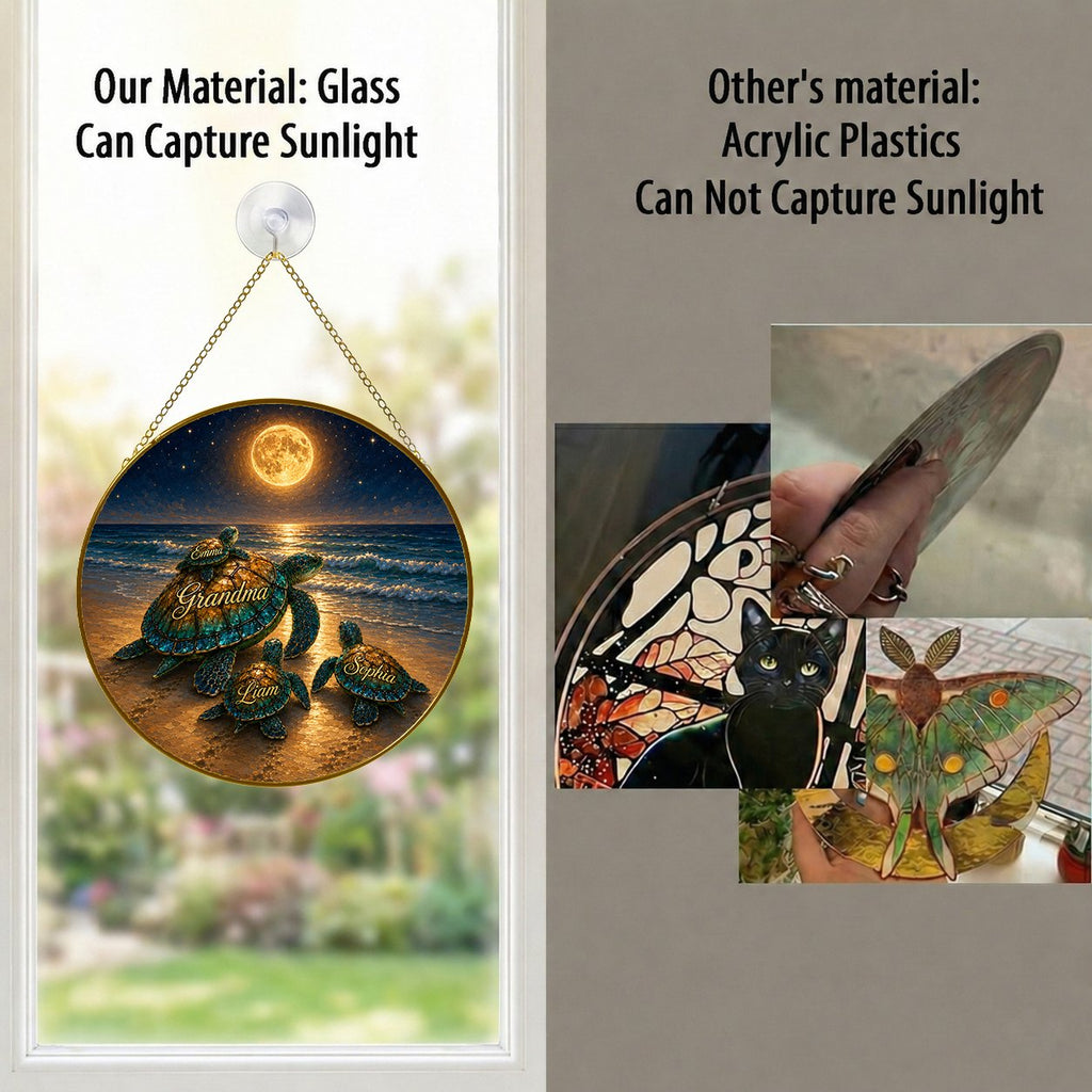 Real glass personalized sea turtle suncatcher compared with acrylic
