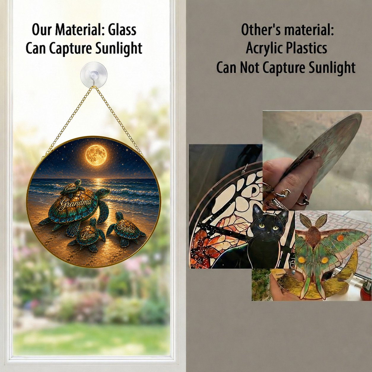 Real glass personalized sea turtle suncatcher compared with acrylic