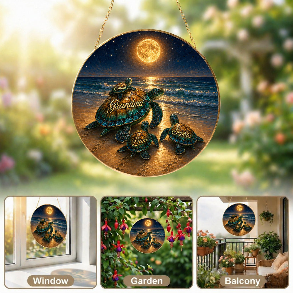 Personalized sea turtle family suncatcher shown as window, garden, and balcony decor