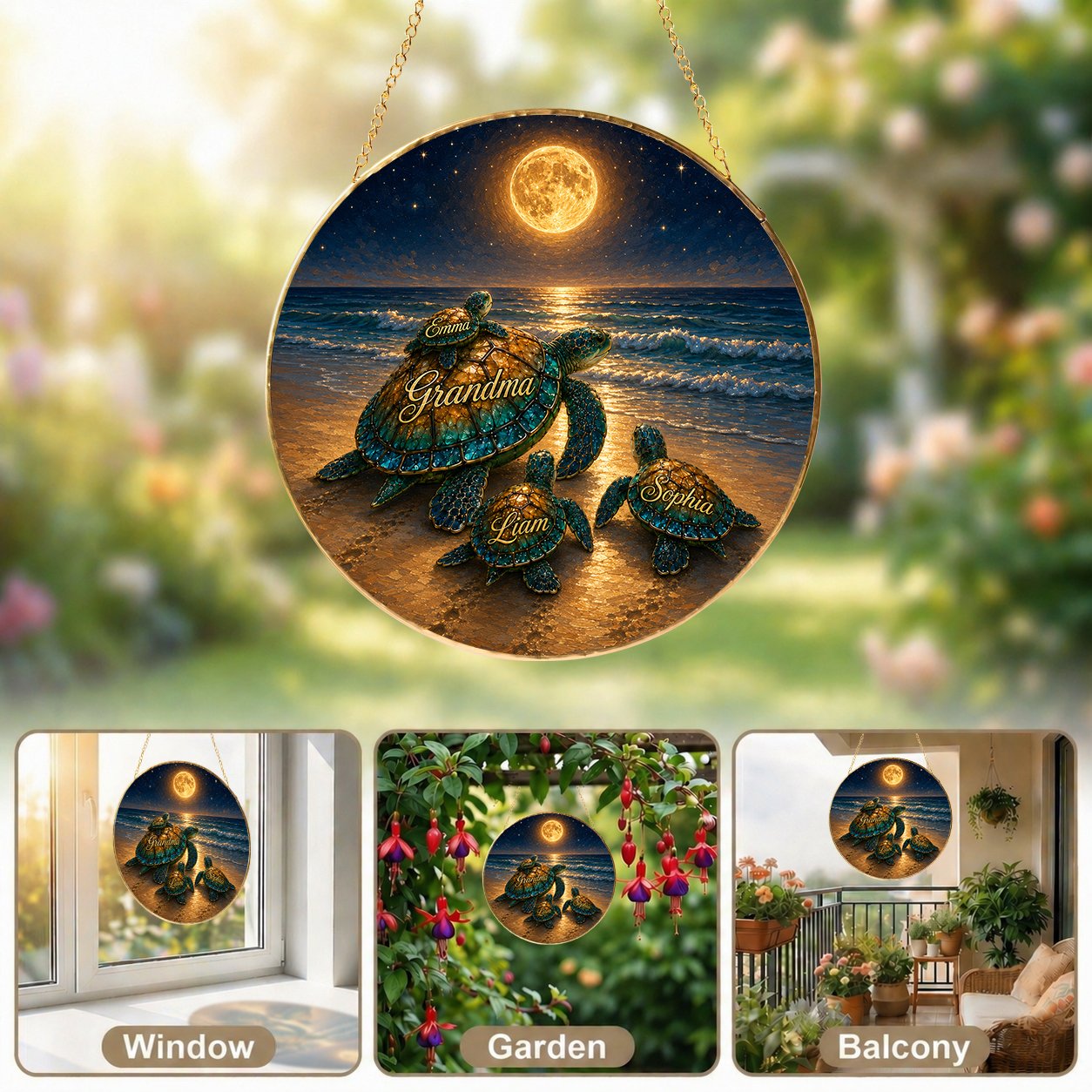 Personalized sea turtle family suncatcher shown as window, garden, and balcony decor