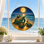 Personalized sea turtle family stained glass suncatcher in a window