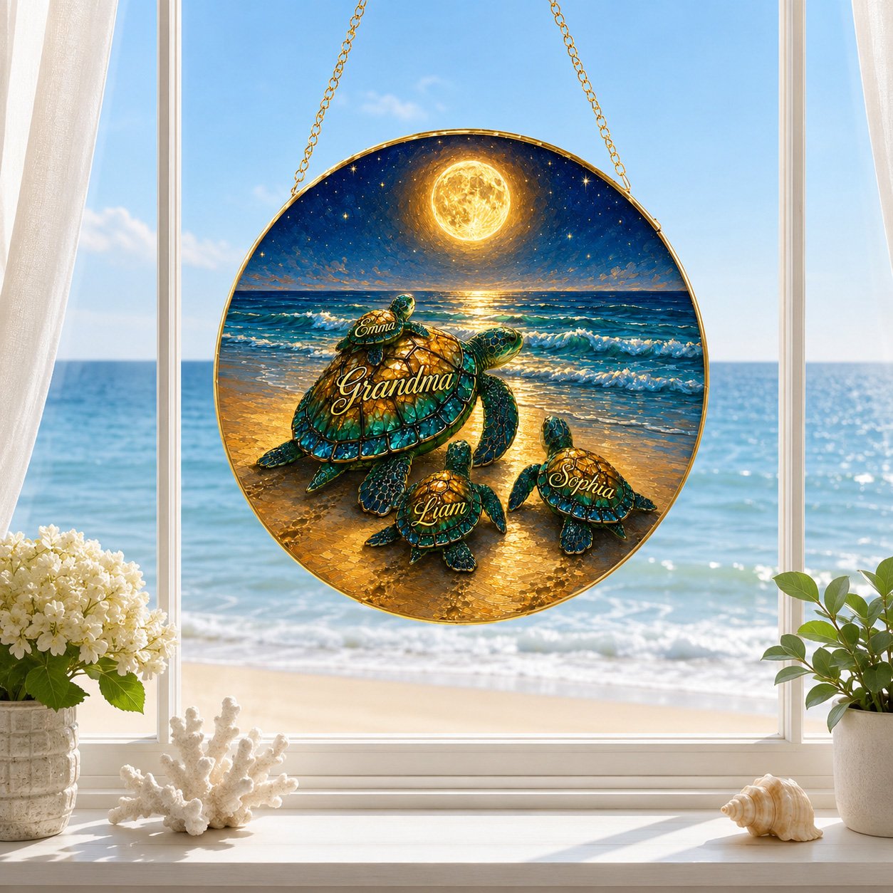 Personalized sea turtle family stained glass suncatcher in a window