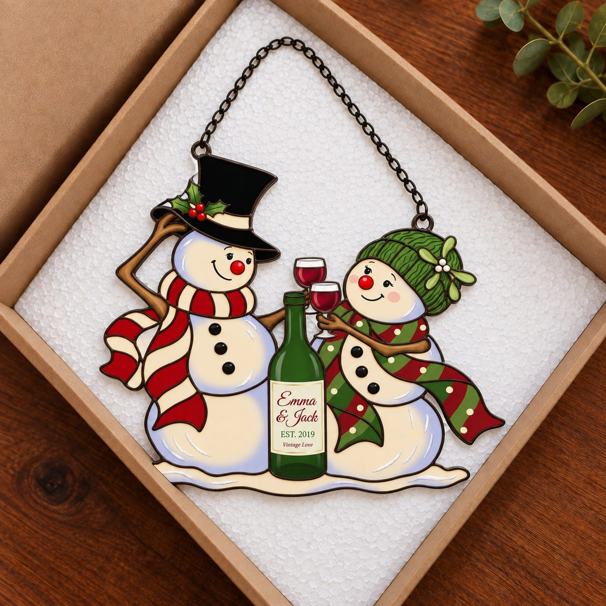 Personalized Snowman Couple Wine Toast Holographic Acrylic Suncatcher — Vintage Love