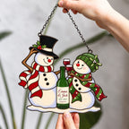 Personalized Snowman Couple Wine Toast Holographic Acrylic Suncatcher — Vintage Love