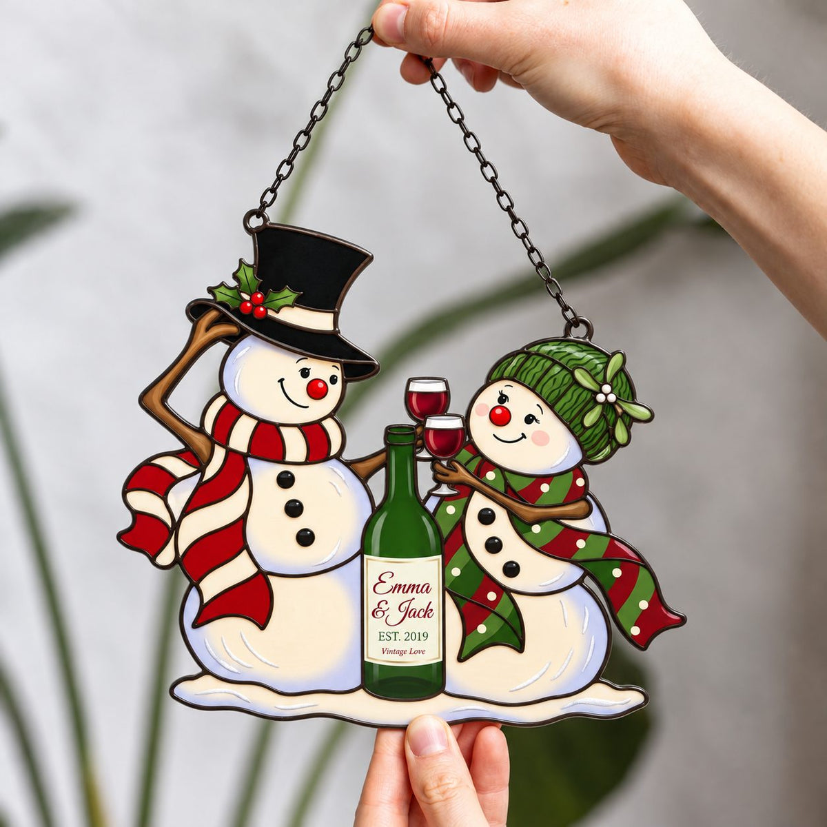 Personalized Snowman Couple Wine Toast Holographic Acrylic Suncatcher — Vintage Love