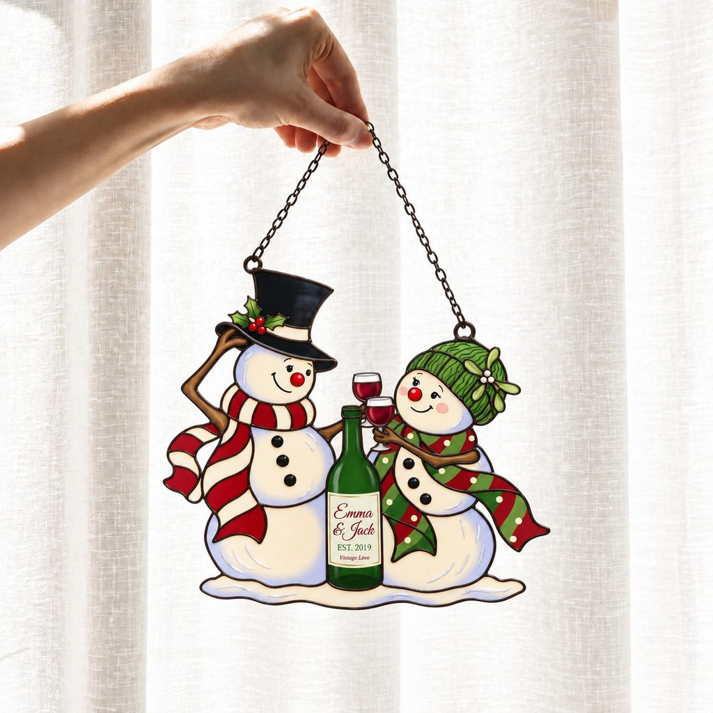 Personalized Snowman Couple Wine Toast Holographic Acrylic Suncatcher — Vintage Love