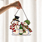 Personalized Snowman Couple Wine Toast Holographic Acrylic Suncatcher — Vintage Love