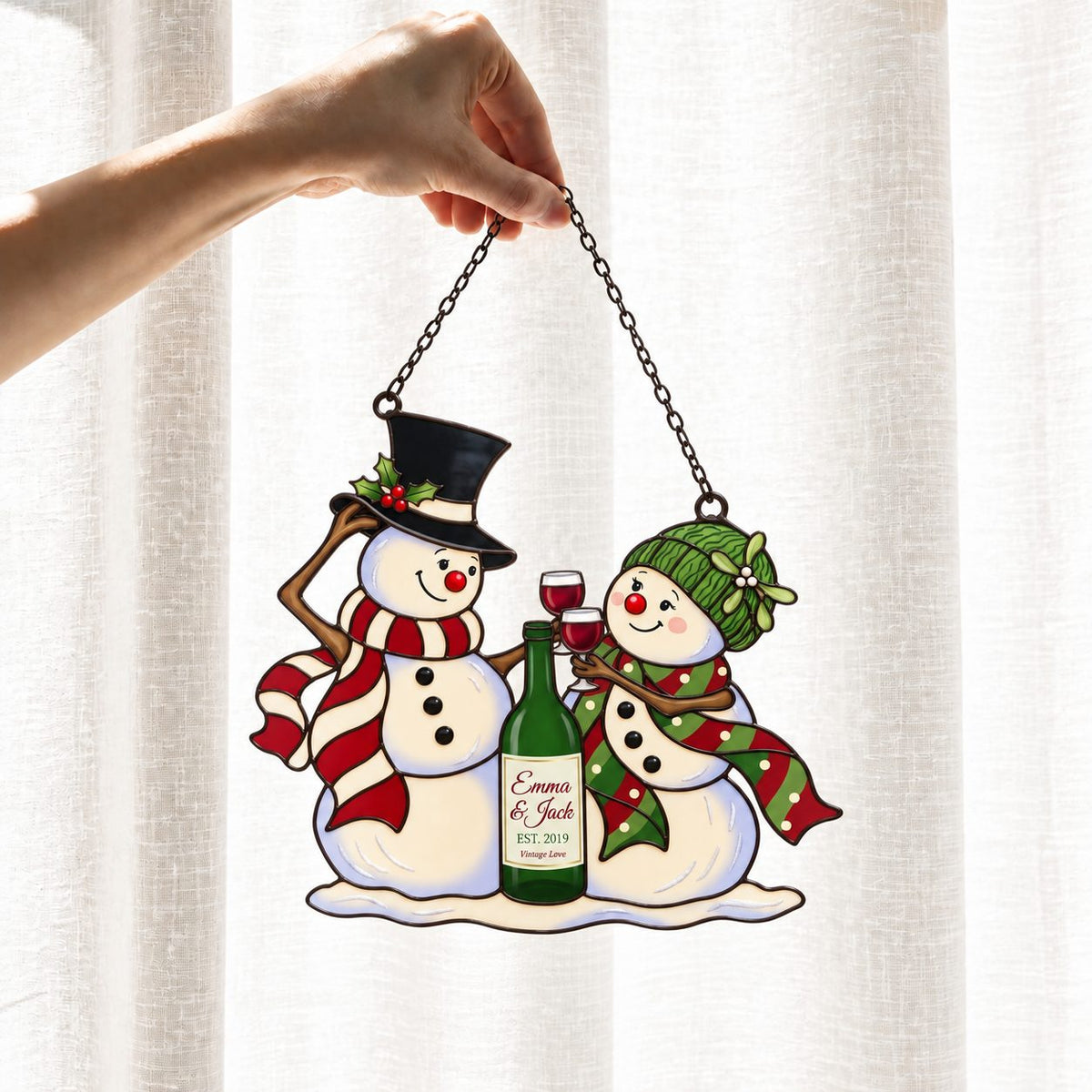 Personalized Snowman Couple Wine Toast Holographic Acrylic Suncatcher — Vintage Love