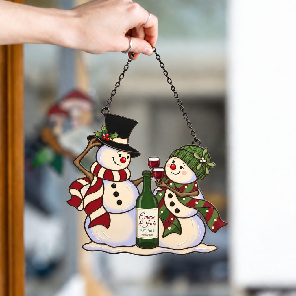 Personalized Snowman Couple Wine Toast Holographic Acrylic Suncatcher — Vintage Love