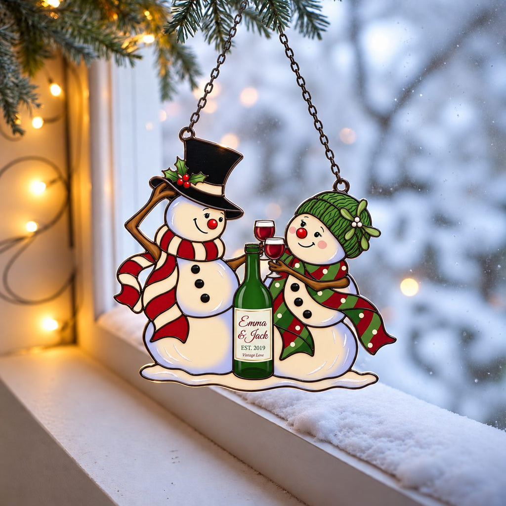 Personalized Snowman Couple Wine Toast Holographic Acrylic Suncatcher — Vintage Love