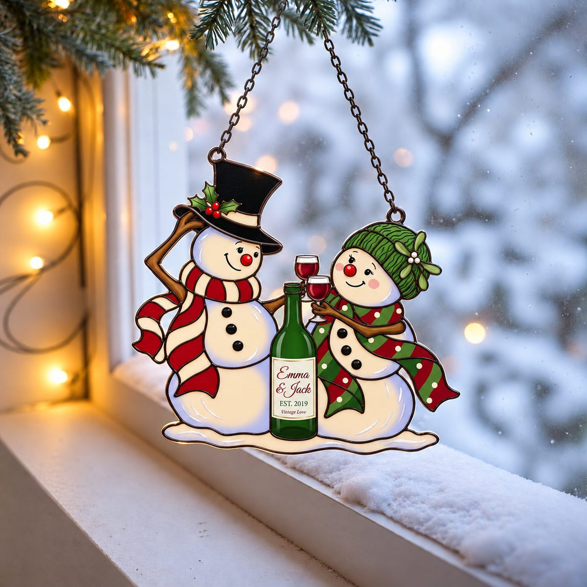 Personalized Snowman Couple Wine Toast Holographic Acrylic Suncatcher — Vintage Love