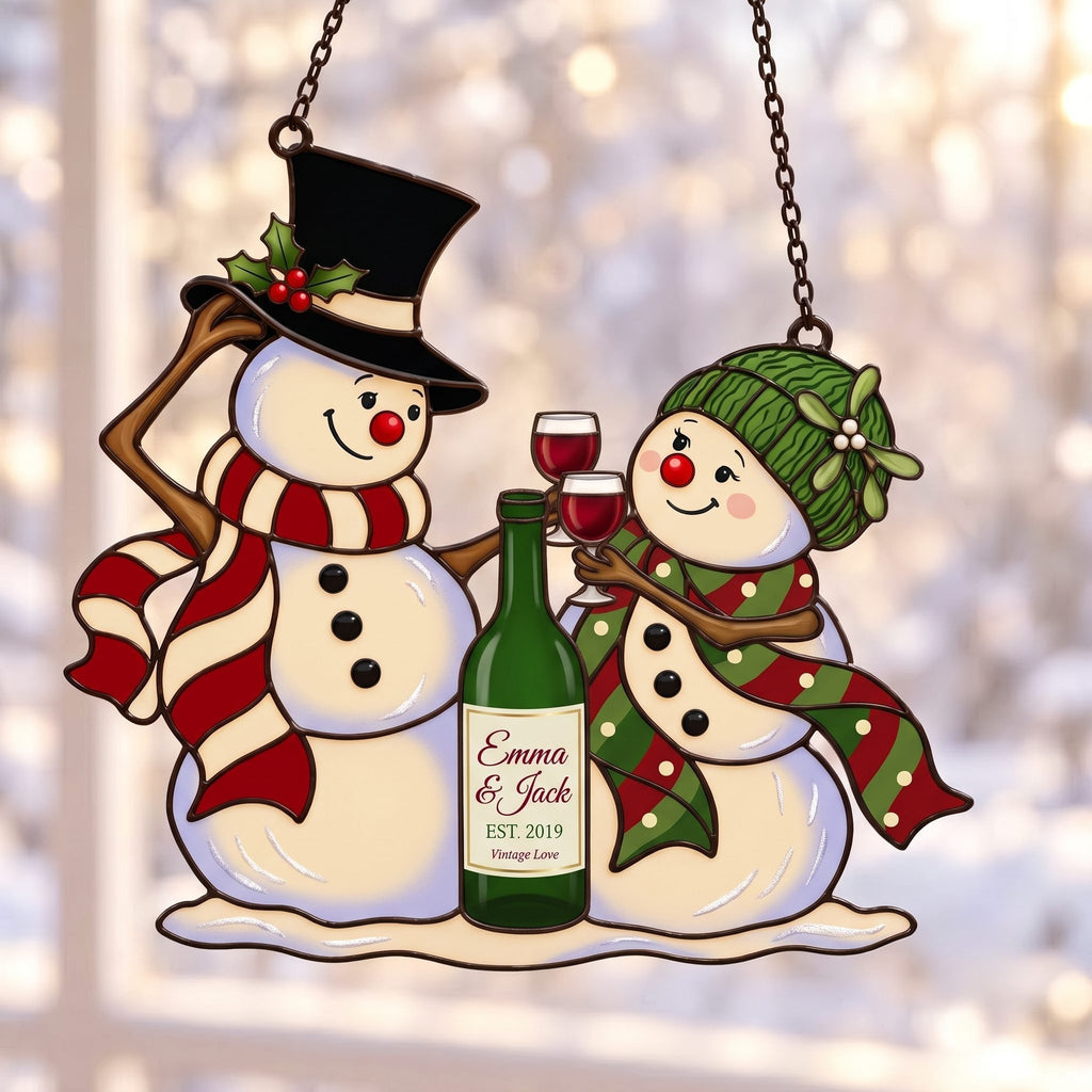 Personalized Snowman Couple Wine Toast Holographic Acrylic Suncatcher — Vintage Love