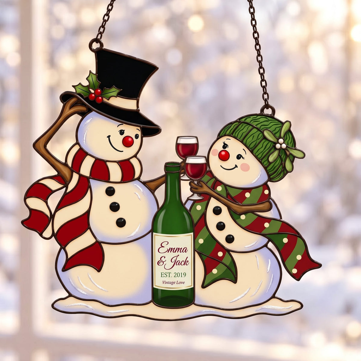 Personalized Snowman Couple Wine Toast Holographic Acrylic Suncatcher — Vintage Love