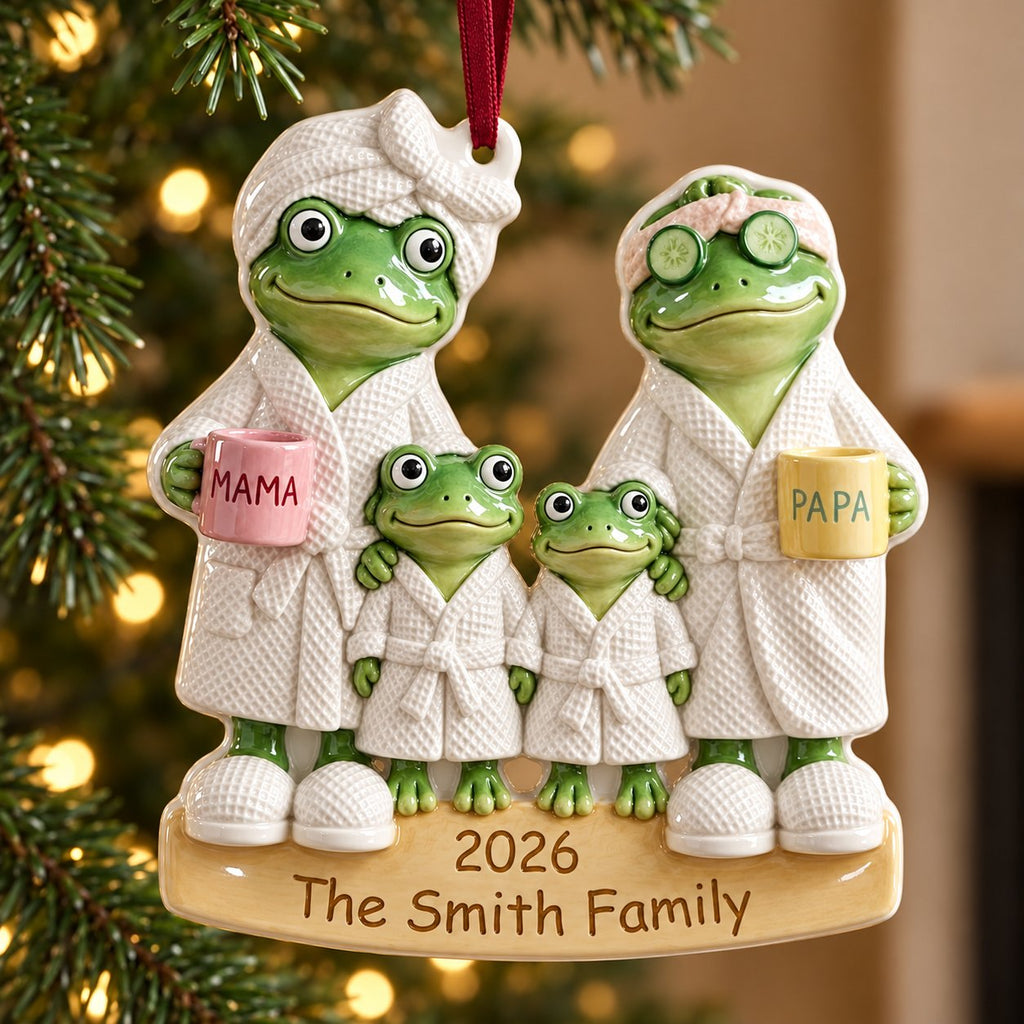 Personalized Spa Day Frog Family Christmas Ornament 2026 — Bathrobes, Mama & Papa Mugs, Family of 3, 4, 5 or 6, Ceramic