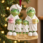 Personalized Spa Day Frog Family Christmas Ornament 2026 — Bathrobes, Mama & Papa Mugs, Family of 3, 4, 5 or 6, Ceramic