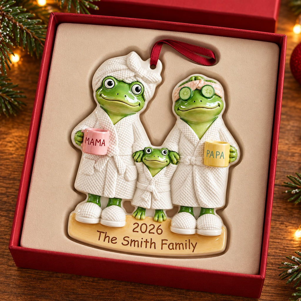 Personalized Spa Day Frog Family Christmas Ornament 2026 — Bathrobes, Mama & Papa Mugs, Family of 3, 4, 5 or 6, Ceramic